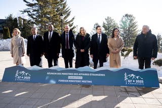 L-R: European Union foreign policy chief Kaja Kallas, Japan's foreign minister Takeshi Iwaya, Britain's foreign secretary David Lammy, France's foreign minister Jean-Noel Barrot, Canada's foreign minister Melanie Joly, US secretary of state Marco Rubio, Germany's foreign minister Annalena Baerbock and Italy's foreign minister Antonio Tajani